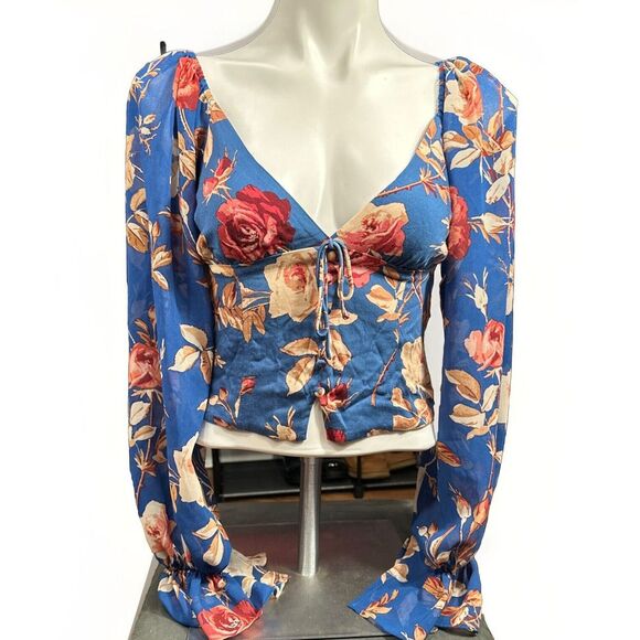 Urban Outfitters Tops - Urban Outfitters Cropped Blue‎ Floral Top Sheer Sleeve Bell Cuff Small